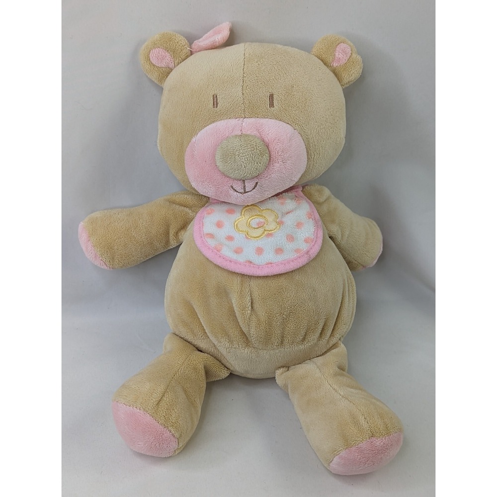 Manhattan Toys Tan Bear Plush Pink Bib 11 Inch Stuffed Animal Toy